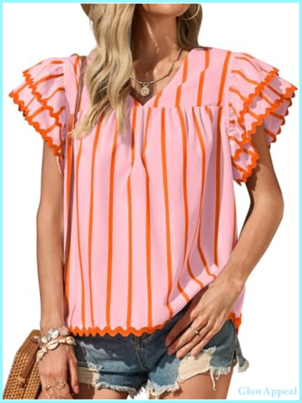 Women's V-Neck Short Sleeve Striped Ruffle Blouse - Polyester Loose Fit Summer